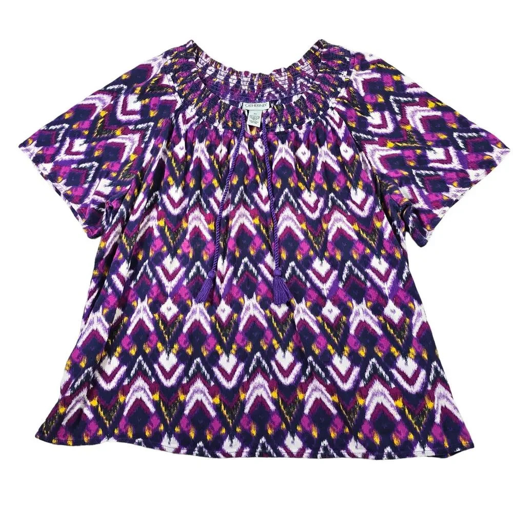 Catherine's Smocking Collar Blouse Women's 2X Purple Tassels Fairy Retro Hippie